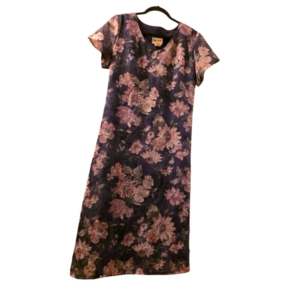 Vtg Y2K Floral Maxi Dress Sheer Over Solid Cap Sleeve Purple Flower Periwinkle